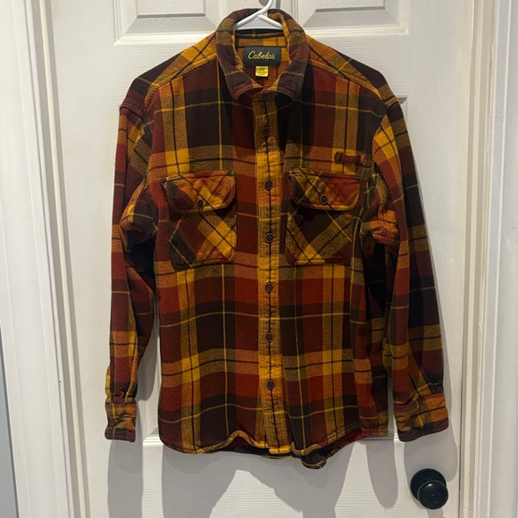 Cabela's Rustic Plaid Flannel Shirt - Brown and Gold SZ large - Picture 1 of 9